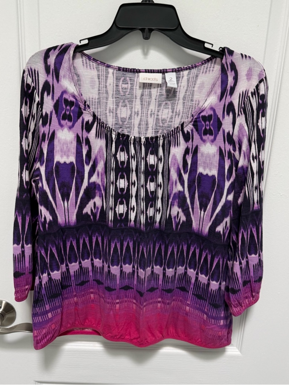 Chico’s Woman’s Top, Size 2 or Large, 3/4 Sleeve in multiple shades of purple